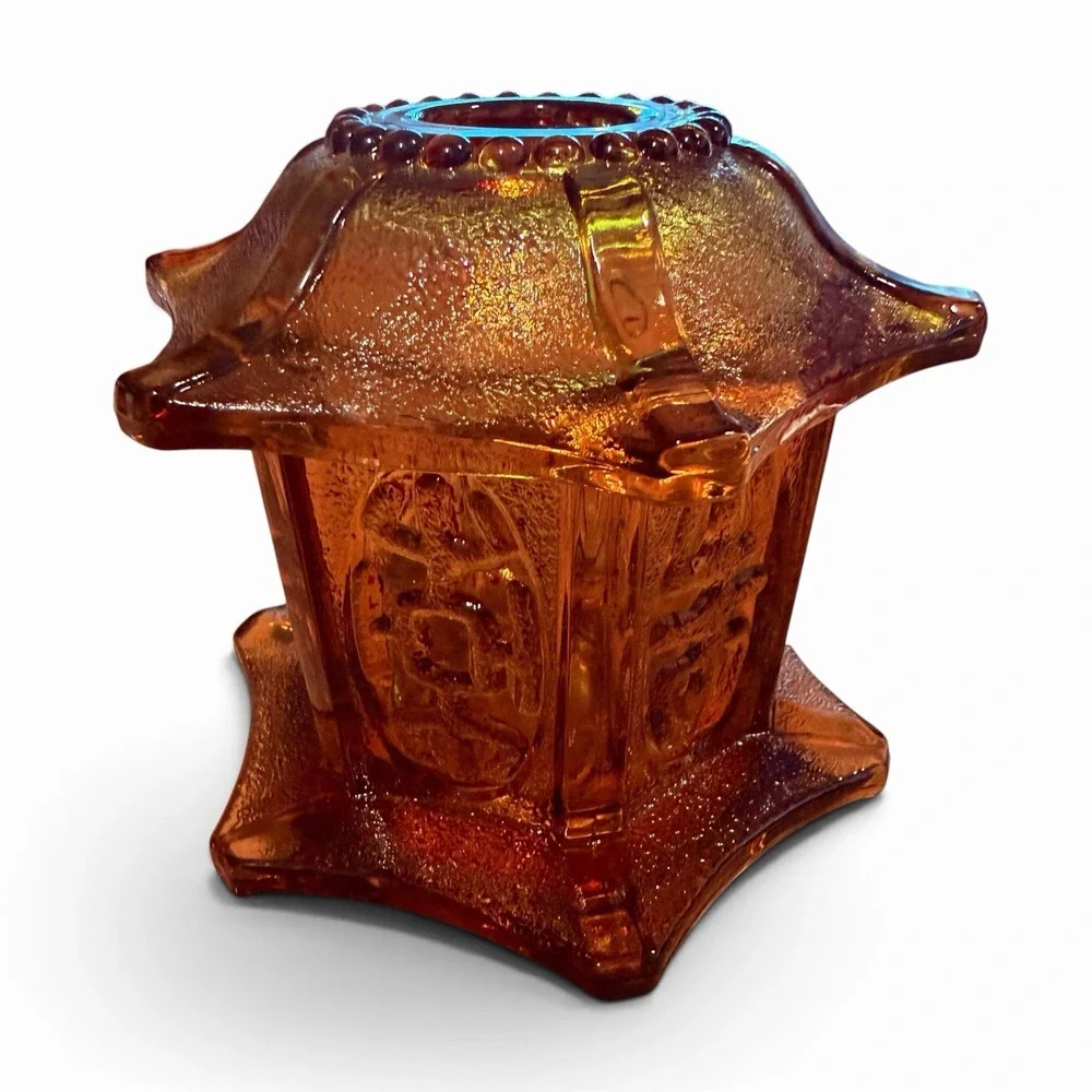 Vintage MCM Amber Glass Pagoda Fairy Lamp Oriental Candle Lantern 2 Piece Honey
